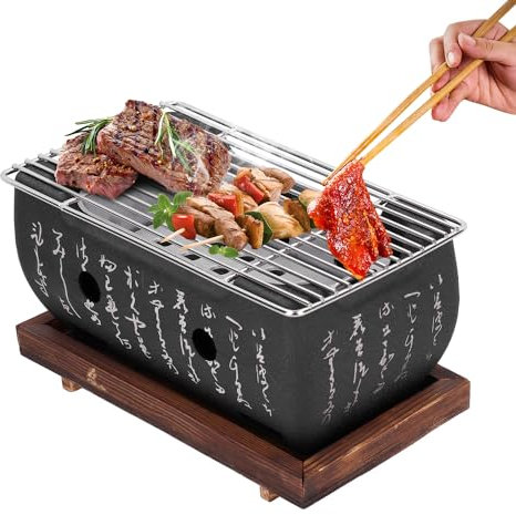 Hapivida BBQ Barbecue Grill, Aluminium Portable Small Charcoal Barbecue Desk Tabletop Outdoor Barbecue Grill Japanese Grill with Wood Tray for Picnic Garden Terrace Camping Travel Hiking