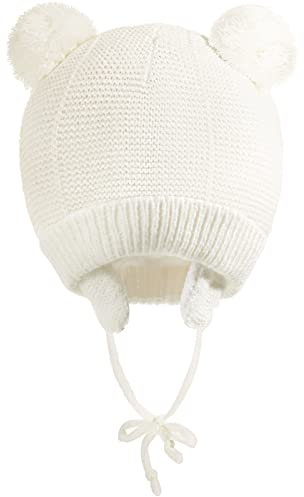 EBOOT Niedliche Wintermütze Mit Ohrenklappen - Gestrickte Strickmütze Mit Bommel für Babys 12-24 Monate (Weiß)