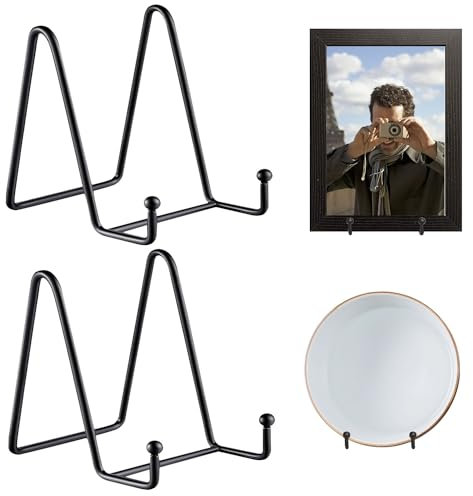 DRERIO 2Pcs Plate Stands Plate Holder Display Stand 3 Inch Book Display Small Metal Picture Stand Plate Holder Tabletop Easel Display Stand Black Iron Easel for Photo,Pictures,Decorative Plate Dish