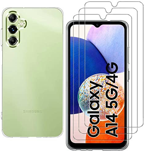 Xxmbbjy Coque Samsung Galaxy A14 4G / 5G Transparent Housse Samsung A14 4G / 5G avec 3 Pièces Film Verre Trempé Souple Silicone TPU Antichoc Case Etui pour Samsung Galaxy A14 4G / 5G