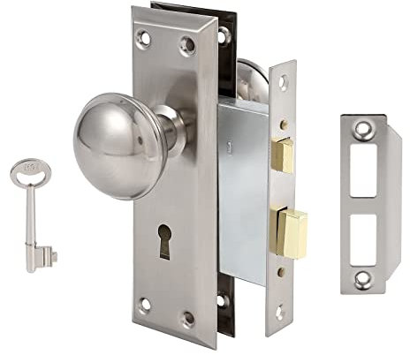 Toptotoo Mortise Lock Set for Interior Door, Vintage Antique Door Knobs with Lock and Skeleton Key, Old Door Knob Replacement Fits 1-3/8 in 1-3/4 in, Brushed Satin Nickel Finish