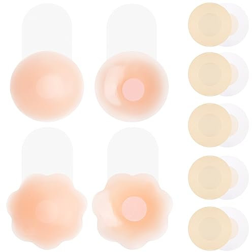 Kiiwah 2 Paia Silicone Adesivo Reggiseno Push Up e 5 Paia Traspirante Copricapezzolo, Riutilizzabile Reggiseno Adesivo Invisibile Adesivi Seno, Senza Spalline Copricapezzolo