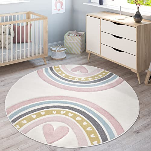 Paco Home Teppich Kinderzimmer Kinderteppich Junge Mädchen Pastell 3D Effekt Modern Regenbogen Herz Creme Rosa Grau, Grösse:200 cm Rund