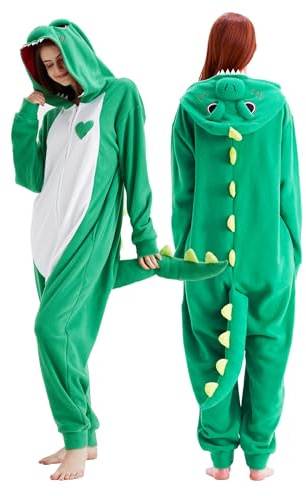 Loiahoer Unisex Erwachsene Grüner Dinosaurier Onesie Kostüm Pyjama Drache Halloween Cosplay Kostüm Neuheit Tier Weihnachten Pyjama Set für Familie & Paare