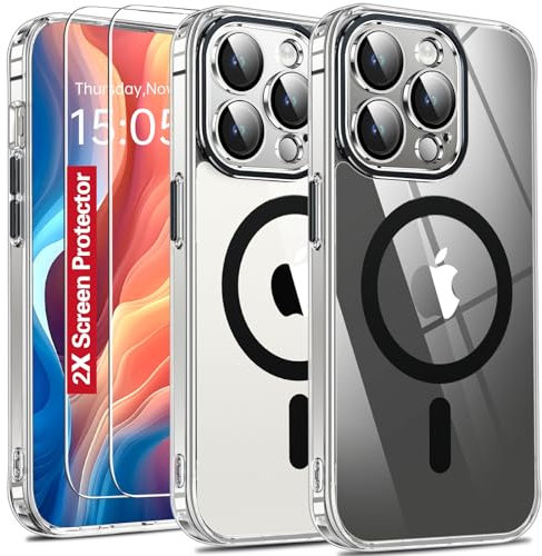 Oterkin Magnetic for iPhone 15 Pro Case Clear,[Compatible with MagSafe][Strong Magnets][Anti-Yellowing] iPhone 15 Pro Phone Case with[2×Screen Protector&Built-in Lens Film][15FT Military Shockproof]