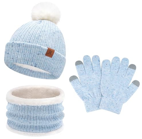 Kinder Winter Warm Beanie Mütze Loop Schal und Touchscreen Handschuhe Set, Pompom Wintermütze Strickmütze Winterhandschuhe Schlauchschal mit Fleece Gefütterte für 5–8 Jahre Mädchen Jungen, Blau
