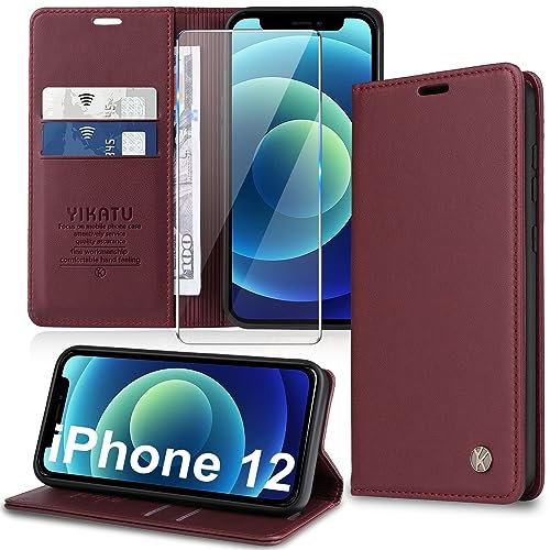 Migexxkj Handyhülle für iPhone 12/12 Pro Hülle [mit Schutzfolie][Premium PU Leder] Klapphülle Kartenfach Magnetic Ständer Flip Case Cover Etui Tasche Schutzhülle für iPhone 12/12 Pro 6.1“ (red)