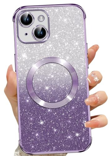 Phoona für iPhone 14 Hülle, Magnetisch Handyhülle Kompatibel mit MagSafe, Keine Vergilbung, Kratzfeste, Ganzkörperschutz Glitzer Hülle für iPhone 14, Mit 2 Schutzfolie, Lila