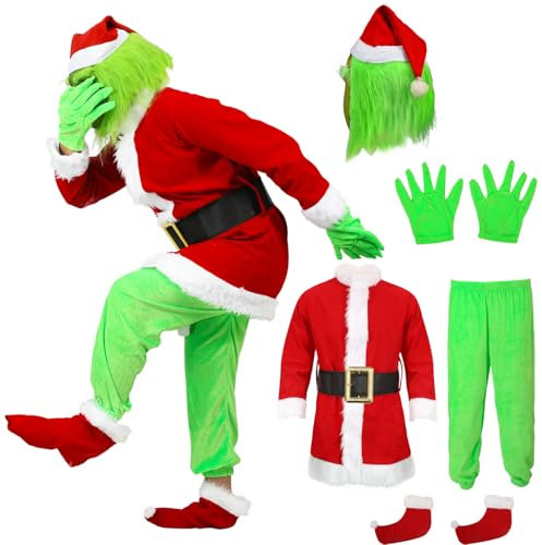 Yearsahrk Kinder Grinch Kostüm 6-Teilig Weihnachtsmann Kostüm Grünes Big Monster Kostüm Weihnachtskostüm Monster Pelziger Anzug Christmas Halloween Kostüm Requisiten
