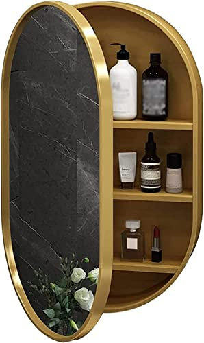 EsEntL Spiegel 2-in-1-Spiegelschränke, ovaler Wand-Medizinschrank, Schrank aus Holz mit Spiegel, Wandschrank, Make-up-Spiegel, Badezimmerspiegel, Geschenk, Gold, 80 cm x 50 cm x 14 cm (Gold 80 cm x