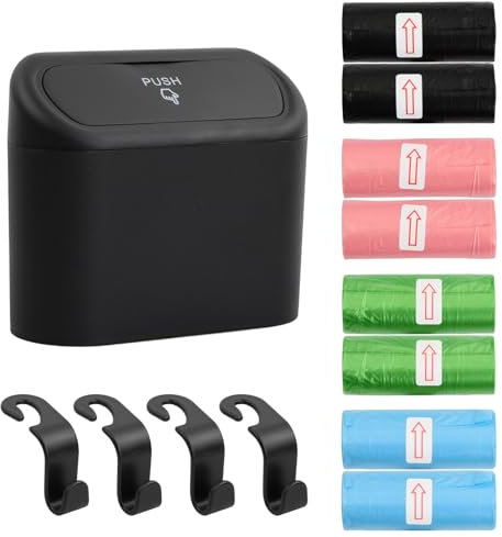 Focenat Mini Auto Mülleimer mit Deckel, Automülleinmer Wasserdichter mit 4 Stück Autositzhaken und 120 Stück Müllsäcke, Auto Aufbewahrungsbox Klein für Auto, Büro, Küche, Zuhause, Lagerung