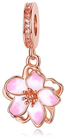 Amuefer Fiore di Ciliegio Rosa Charm Compatibili Bracciale Collana, Argento Sterling Ciondolo Primavera Pasqua Natale Gioielli Regali per le Donne Moglie Amici