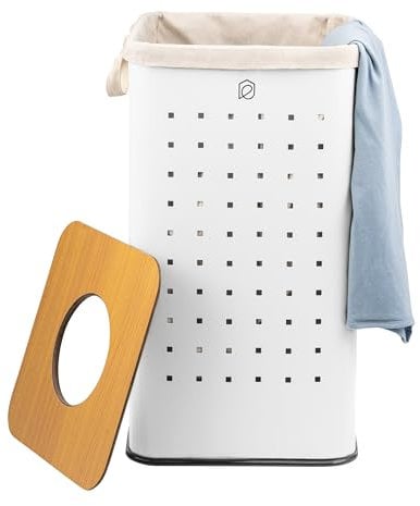 eluno eckige Wäschetonne, Wäschekorb, Wäschesammler mit waschbarem Wäschesack und abnehmbaren Deckel, 50 Liter Fassungsvermögen für Schlafzimmer, Badezimmer, Wäscheaufbewahrung aus Metall (Weiß)