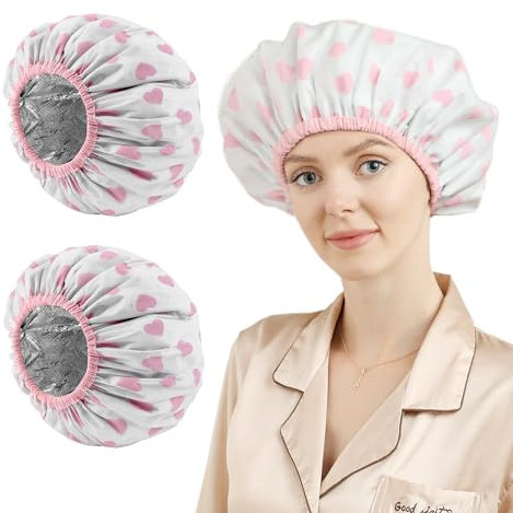 Pack of 2 Deep Conditioning Hair Cap, Hair Cap for Oil Treatment, Shower Cap Women's Waterproof, Hair Cap Dyeing, Shower Cap and Heat Cap Two Uses (Pink Love)