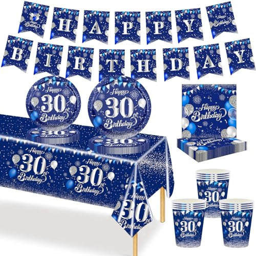 MORAINJAY Ensemble de Vaisselle Anniversaire 30 Ans 70 Pièces, Assiettes En Papier Marine, Tasses, Serviettes, Bannières en Papier, Décoration De Table Anniversaire 30 Ans Pour Homme Femme