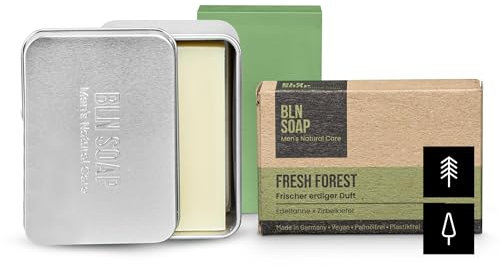 Feste Männerseife + Seifendose: Natürliche feste Seife für Männer, 3-in-1 Duschseife Herren für Hand, Körper & Haare, Nachhaltig & Vegan, 135 g Seifenstück inkl. Seifenbox mit Abtropfschale, BLN SOAP