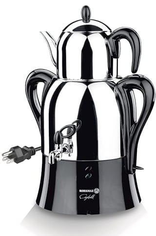 Korkmaz Samovar, Electric Turkish Tea Maker Set, Double Pots Tea Machine, Hanedan Stainless Steel Pot | 1.37 Qt+ 3.69 Qt | 110 V US Plug