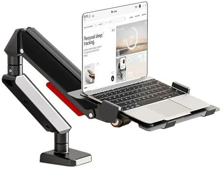 ruyi-1986 Laptop Mount with Adjustable Tray for 10-17”Notebook, Full Motion Gas Spring Mount Arm for 17-32”Monitor (Within 4.4~22.0lbs), C-Clamp and Grommet Base(Black)