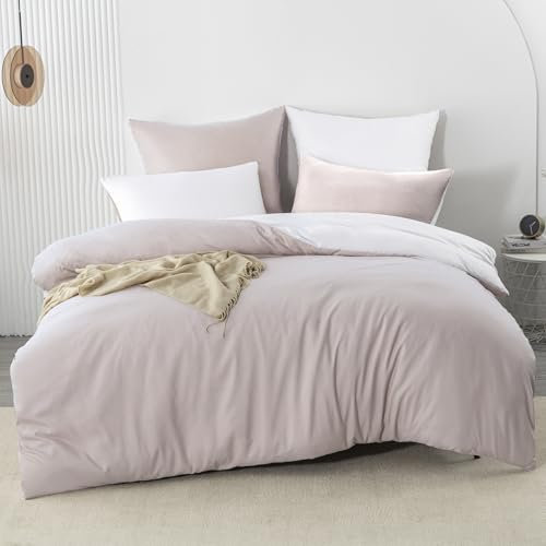 Nesture Bettwäsche 200x200 3teilig Beige/Weiß Bettwäsche Sets Microfaser Wendebettwäsche 200 x 200, weich & bügelfrei 1 Bettbezug + 2 Kissenbezug 80x80cm mit Reißverschluss