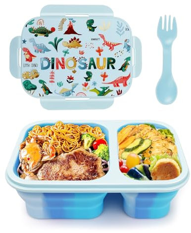 Huzbuz Fiambrera Infantil Plegable con Compartimentos,Sin Bisfenol A(BPA),la Fiambrera infantil con Diseño de Dinosaurio es Ideal para Regalos de Cumpleaños y Navidad para Niños(Azul)