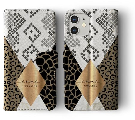 Tirita Pesonalised Wallet Flip Phone Case Compatible with iPhone 15 Pro Max, with card pockets, synthetic leather - Animal Print Exotic Gold Marble