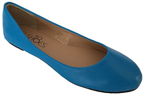 Shoes8teen Womens Ballerina Ballet Flats Shoes Leopard & Solids 14 Colors, Blue Pu 8600, 5