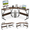 GYMAX L-förmiger Schreibtisch 148 x 148 x 91 cm, Eckschreibtisch mit integrierter Stromstation, L Form Computer mit Monitorständer, Gaming-Tisch mit Metallrahmen für Heimbüro (Rustikales Braun)