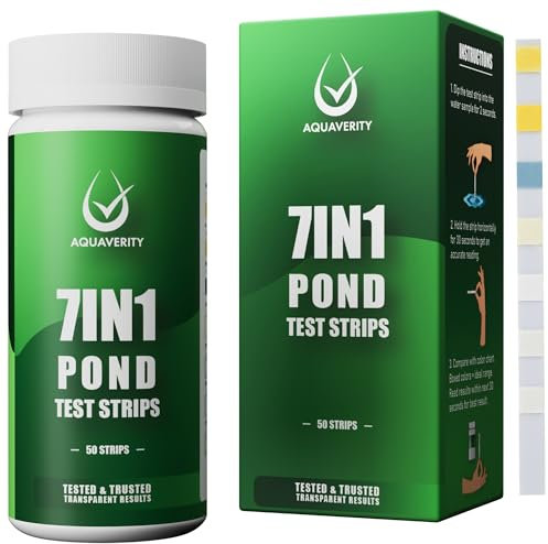 AQUAVERITY Bandelettes de test 7 en 1 pour bassin – Kit de test précis pour le pH, les nitrates, les nitrites, les carbonates, la dureté, le chlore total et libre – Pour bassins – 50 bandelettes