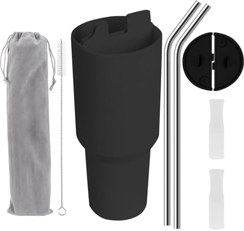 Drink Separator for Stanley Cup 40 oz, 2-in-1 Silicone Drink Separator with Stainless Steel Straws, Straw Tips and Brush for Stanley Quencher 40 oz (Black/Black)