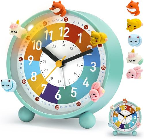 PIXESTT Wecker Kinder, Kinderwecker für Schulanfänge, Kein Tickendes Geräusch, Mit Nachtlicht und Schlummerfunktion, Mit 5 Wecker-Dekoration, Geeignet für Das Lernen, Schlaf-Weck-Aufwachen A