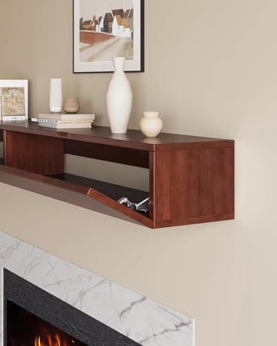 60 Inch Rustic Fireplace Mantel with Storage Drawers, Wall-Mounted Wooden Mantel Shelf for Living Room, Office, TV Display or Kitchen Decor (Walnut)