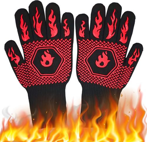 Ksvaye Grillhandschuhe Hitzebeständig Bis 800°c Feuerfeste Handschuhe Hitzebeständige Handschuhe Kochhandschuhe Ofenhandschuhe für Backen Grillen Küche BBQ Outdoor (Schwarz)