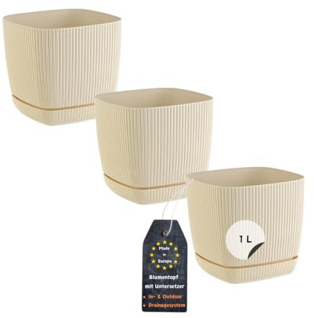 Engelland - 3 x Blumentopf mit Drainagesystem, Untersetzer, Farbe: Beige, Rillenoptik, Pflanz-Topf, Kübel, modern, Kunststoff, quadratisch, 12 x 12 cm, 1 Liter