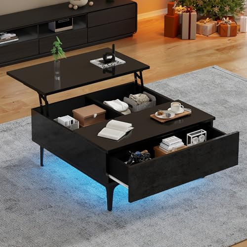 Lcoho Couchtisch, höhenverstellbarer Kaffeetisch mit verstecktem Stauraum und Ablagen, weißer Hochglanz-Wohnzimmertisch, Schreibtisch mit LED, Sofatisch mit Schubladen,70x70x35cm (schwarz)