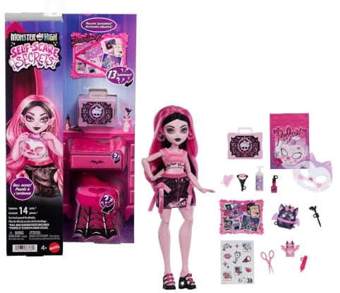 Monster High Coffret Secrets De Beauté Terreur & Bien-être Draculaura, poupée et Accessoires avec 13 Surprises réalistes comme Un Rouleau pour Le Visage Fonctionnel et Une Planche, JHK43