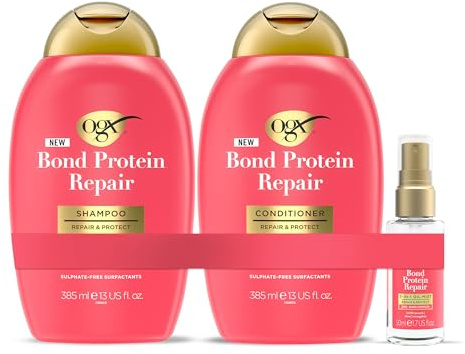 OGX Bond Protein Repair Shampoo,Conditioner und Öl 2x285ml +50ml – Stärkt & repariert sprödes, trockenes oder beschädigtes Haar mit Lipi Pro Shield Technologie und Dual-Action-Repair-Technologie