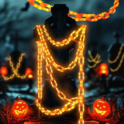 Solar Halloween Decorations 10FT Plastic Chain Lights Props Chains with with 8 Lighting Modes,Orange LED Plastic String Lights for Spooky Decor, Halloween Party Props, Cosplay Accessories