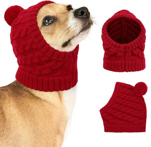 CITÉTOILE Weihnachtsmütze für Hunde – Klassische Strickmütze mit Zopfmuster und Bommel, Warme Santa Hundemütze für Kleine Hunde und Katzen, Rot, M
