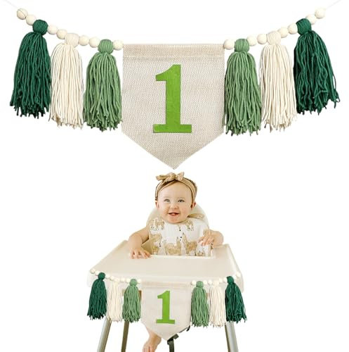 CHIHOLEN 1. Geburtstags Hochstuhl Banner, Geburtstagsdeko 1 jahr, Handgemachte Boho Deko, Vintage Leinen Girlande für Mädchen & Jungen, für Baby Party und Dusche (Grün)