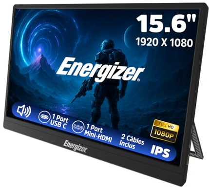 Energizer Monitor Portatile 15.6 FHD 1080p IPS - Schermo Esterno Ultra Sottile e Leggero per PC, Mac e Smartphone, USB-C e Mini HDMI, Altoparlanti Integrati - Nero