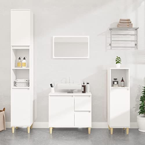 ChicAbode 3-TLG. Badmöbel-Set Weiß Holzwerkstoff,Badschrank mit Holzbeinen, Badezimmer Unterschrank Hochschrank Midischrank, Badezimmermöbel