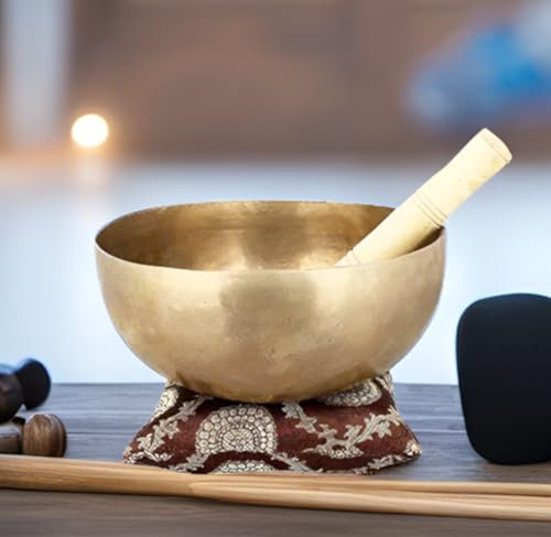 Bol tibetano de metal hecho a mano para meditación con palo y cojín, instrumento musical de máxima calidad, 12,7 cm 10782