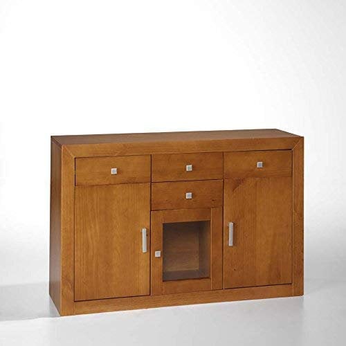Dogar Moblit Aparador de Tres Puertas Cuatro Cajones Madera de Pino Maciza Color Cerezo Claro Serie Kalpe Medida (86X130X42) Cm (Alto/Ancho/Fondo)