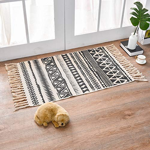 Boho Teppich klein 60 x 90 cm, Quadratisch Baumwollteppich Waschbar mit Quasten, Teppich Boho Style Schmal für Wohnzimmer Schlafzimmer Eingangstür, Baumwollteppich Waschbar aus Baumwolle (Schwarz)