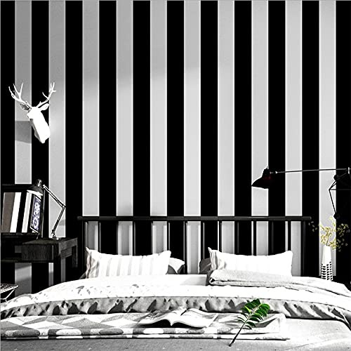 MEAIHOME Moderne einfache horizontale vertikale gestreifte Tapete für Schlafzimmer, Restaurant, Bekleidungsgeschäft, TV-Hintergrund, nicht geklebte Tapetenrolle, Schwarz / Silber, 1,73'W x 32,8' L