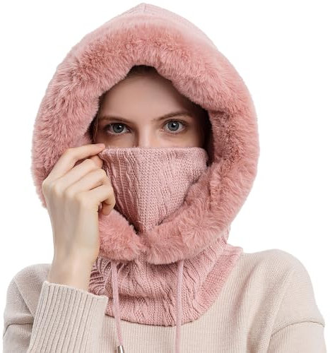 WANYIG 2 in 1 Wintermütze Strickmütze Warme Mütze Kreis Schal Set Balaclava Winter Stricken Mütze mit Fleecefutter für Damen Winddichte Mütze Kälteschutz Skimütze 56-60CM (Rosa)