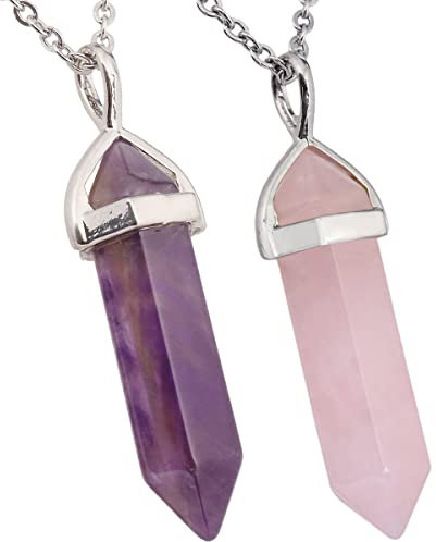 Nupuyai 2pcs Amethyst & Rose Quartz Hexagonal Stone Pendant Necklace for Women Men, Energy Protection Crystal Point Pendant with Chain