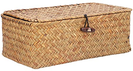 Atyhao Cesta Rectangular para Pastos Marinos, Cestas de Almacenamiento de Pastos Marinos Naturales a Prueba de Polvo, Gran Capacidad, Duradera, con Tapa para Oficina(M)