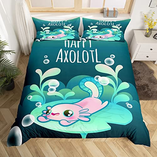 Loussiesd Karikatur Axolotl Grün Bettbezug Set Kawaii Axolotl Bettwäsche Set 155x220cm 3D Tiere Betten Set für Jungen Mädchen Kinder Jugendliche Schlafzimmer Deko Salamander mit 1 Kissenbezug