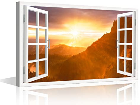 Lienzo 3D con vista de ventana para pared, póster de puesta de sol sobre montaña, paisaje natural, carteles enmarcados listos para colgar, 24 pulgadas de anchox16 pulgadas de alto